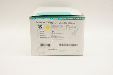 Braun 4251127-02 Introcan Safety 3 Closed IV Cath. 24G x 3/4inch - Box of 50 (x)